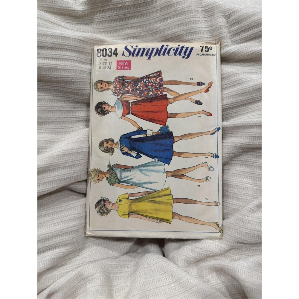 1968 Simplicity#8034Miss Sz12/34"B Princess Seamed Dress,Neckline&Sleeve Options